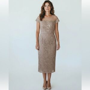 J S Collection Lace Gown Dress Beige Floral Lined Zip Embellish New size 10